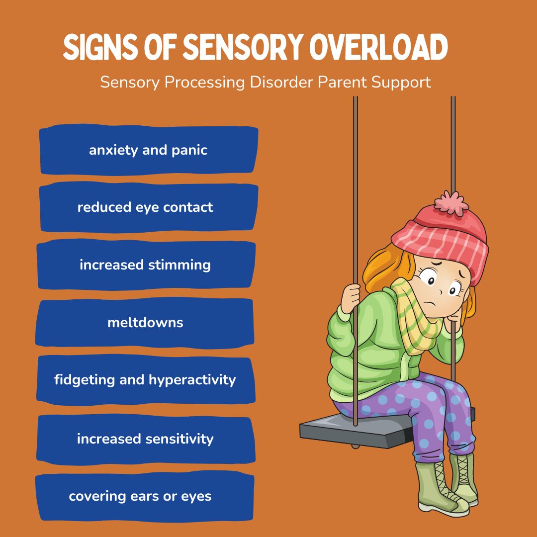 signs of sensory overload diagram with little girl sad on a swing having sensory processing disorder sensory overload 