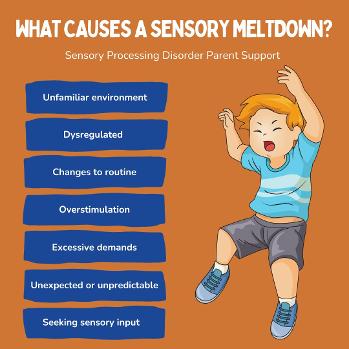 upset little buy having sensory processing disorder meltdown next to diagram about sensory meltdowns 