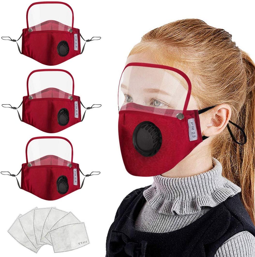 3pcs 6 Filter, Red Haze Dust Adults Face Bandanas with Breathing valve Activated Carbon Filter Replaceable Black 