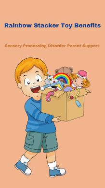 child holsing box of toys that has a rainbow stacker toy in it Rainbow Stacker Toy Benefits 