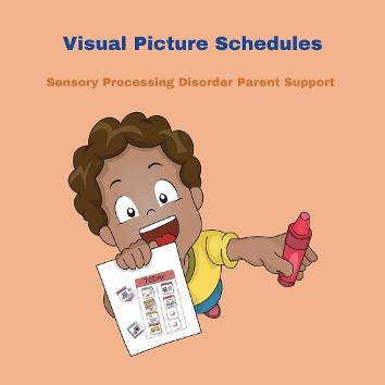 happy little boy with sensory processing disorder holding visual picture schedule with a crayon  visual picture schedules 