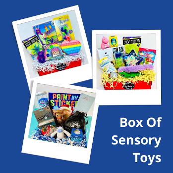 three photos of different monthly boxes from box of sensory toys 