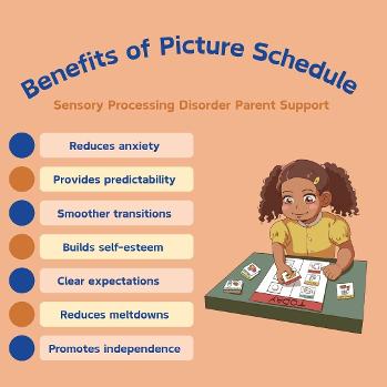happy little girl with sensory processing disorder holding visual picture schedule benefits of pictore schedules diagram 