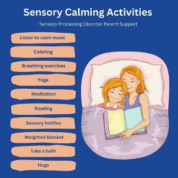 mother laying down in bed with child falling asleep while reading sensory calming activities 