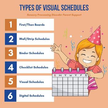 young child girl wearing party hat with sensory processing disorder holding visual picture schedule calendar days of the month  
