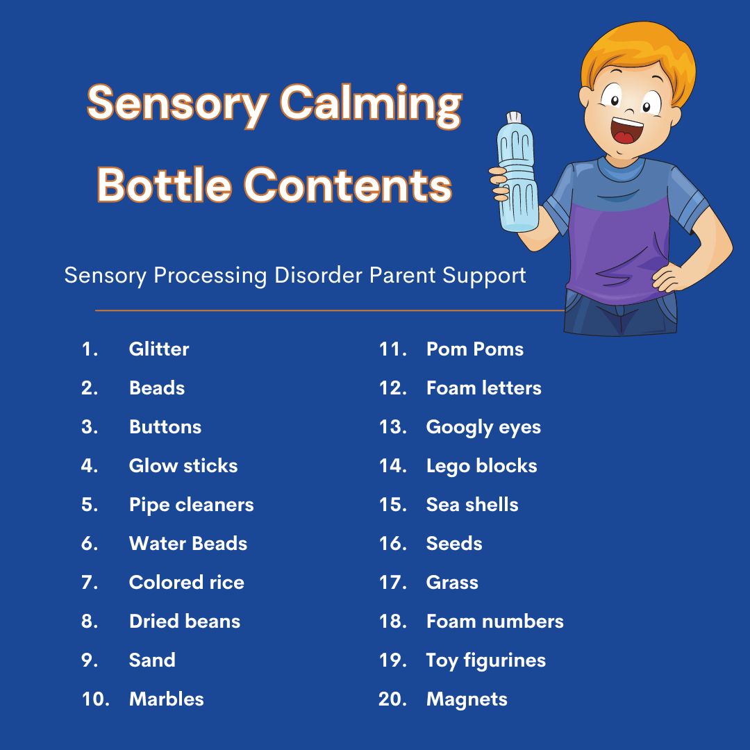 boy with sensory processing disorder holding a sensory calming bottle list of what to add to sensory calming bottles