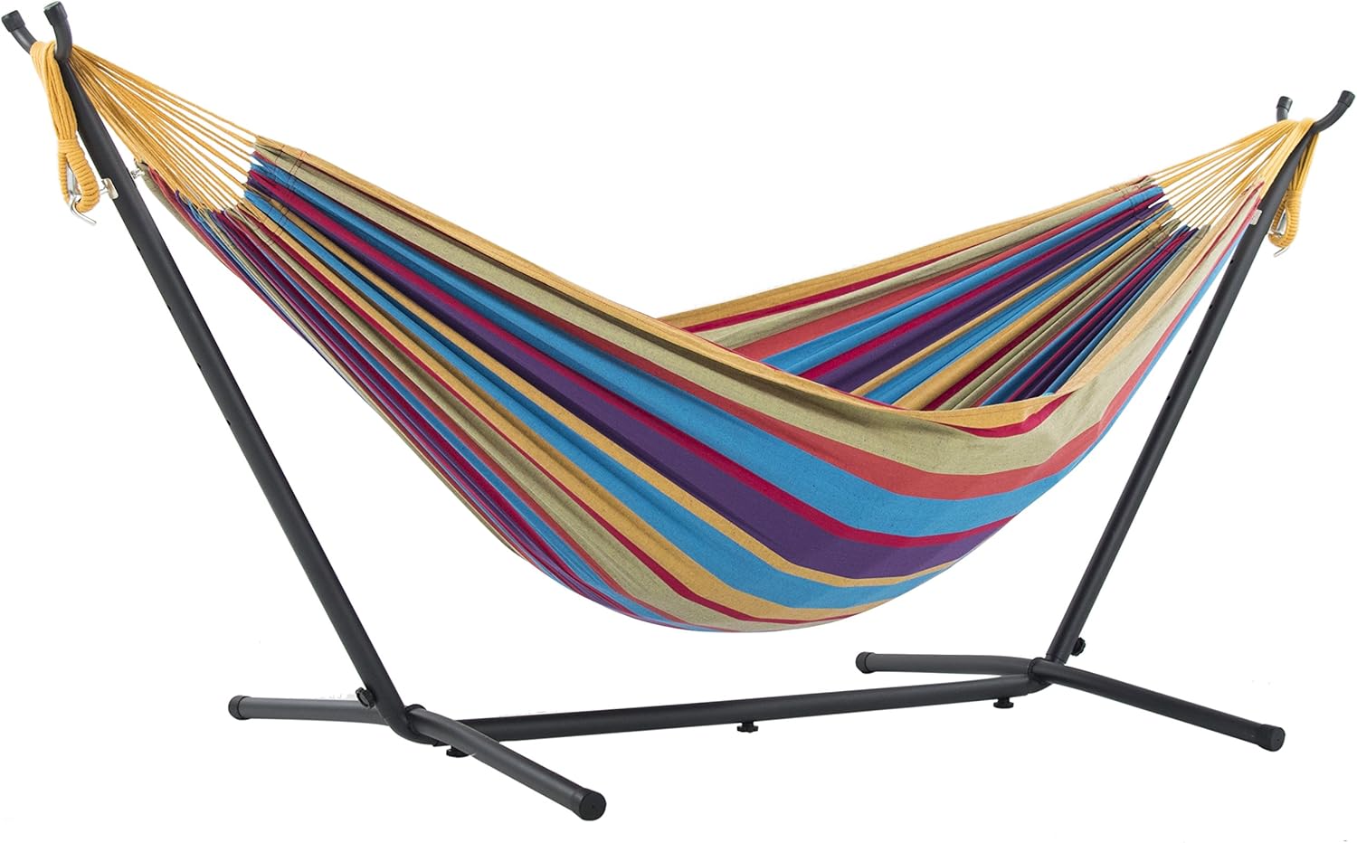 Vivere Double Cotton Hammock with Space Saving Steel Stand, Tropical