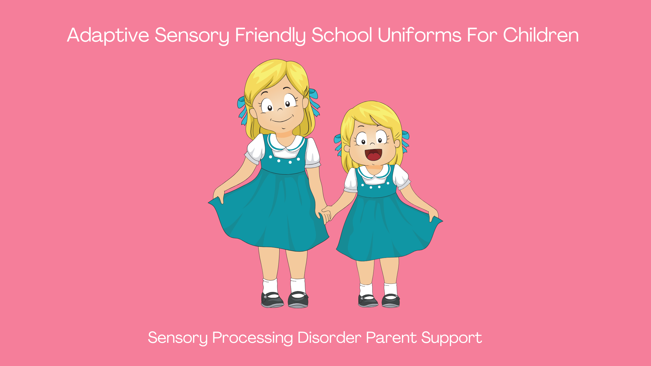 two girls wearing sensory friendly dresses at school Adaptive Sensory Friendly School Uniforms For Children