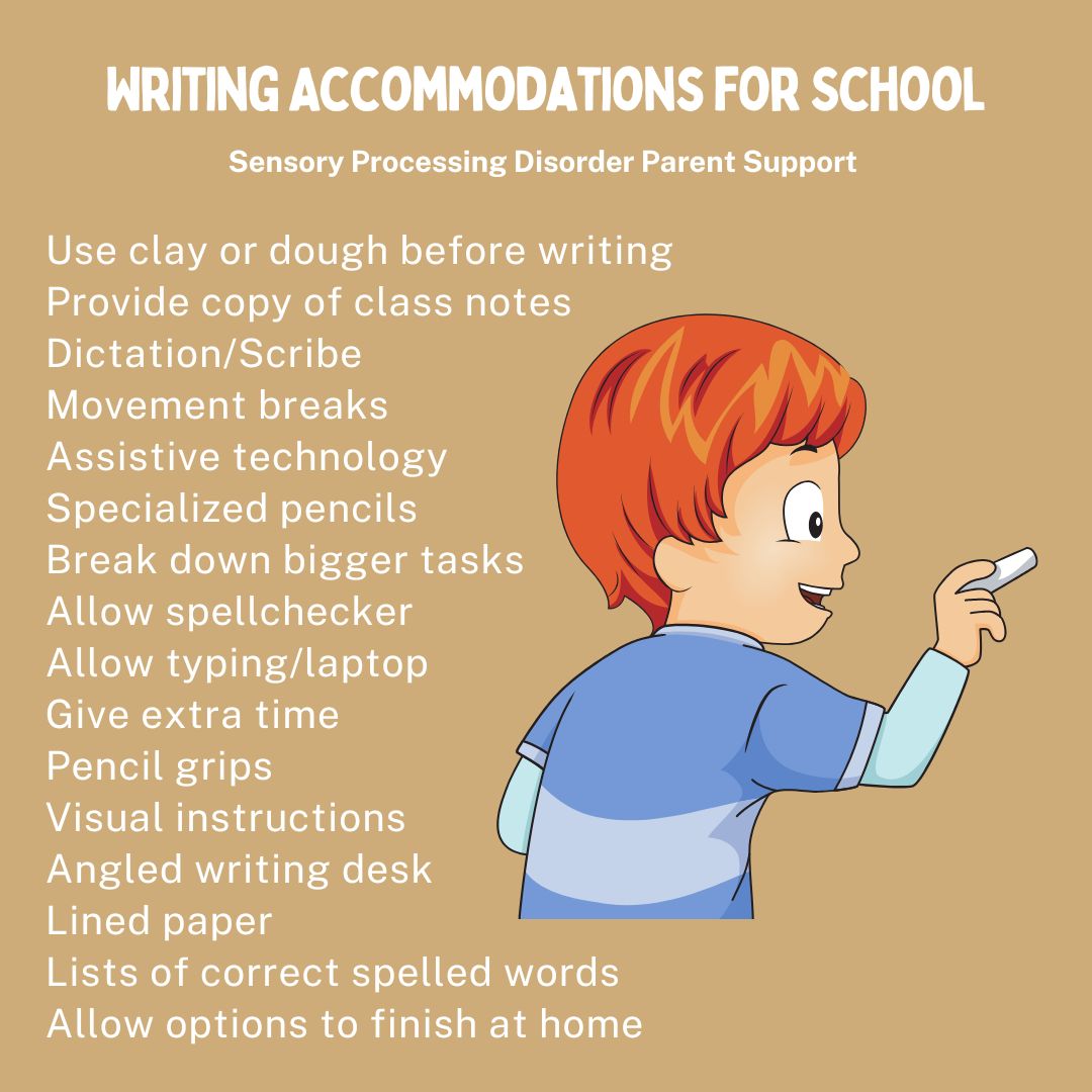 Writing Accommodations for School Use clay or dough before writing Provide copy of class notes Dictation/Scribe  Movement breaks  Assistive technology  Specialized pencils Break down bigger tasks Allow spellchecker  Allow typing/laptop   Give extra time  Pencil grips  Visual instructions Angled writing desk  Lined paper  Lists of correct spelled words Allow options to finish at home