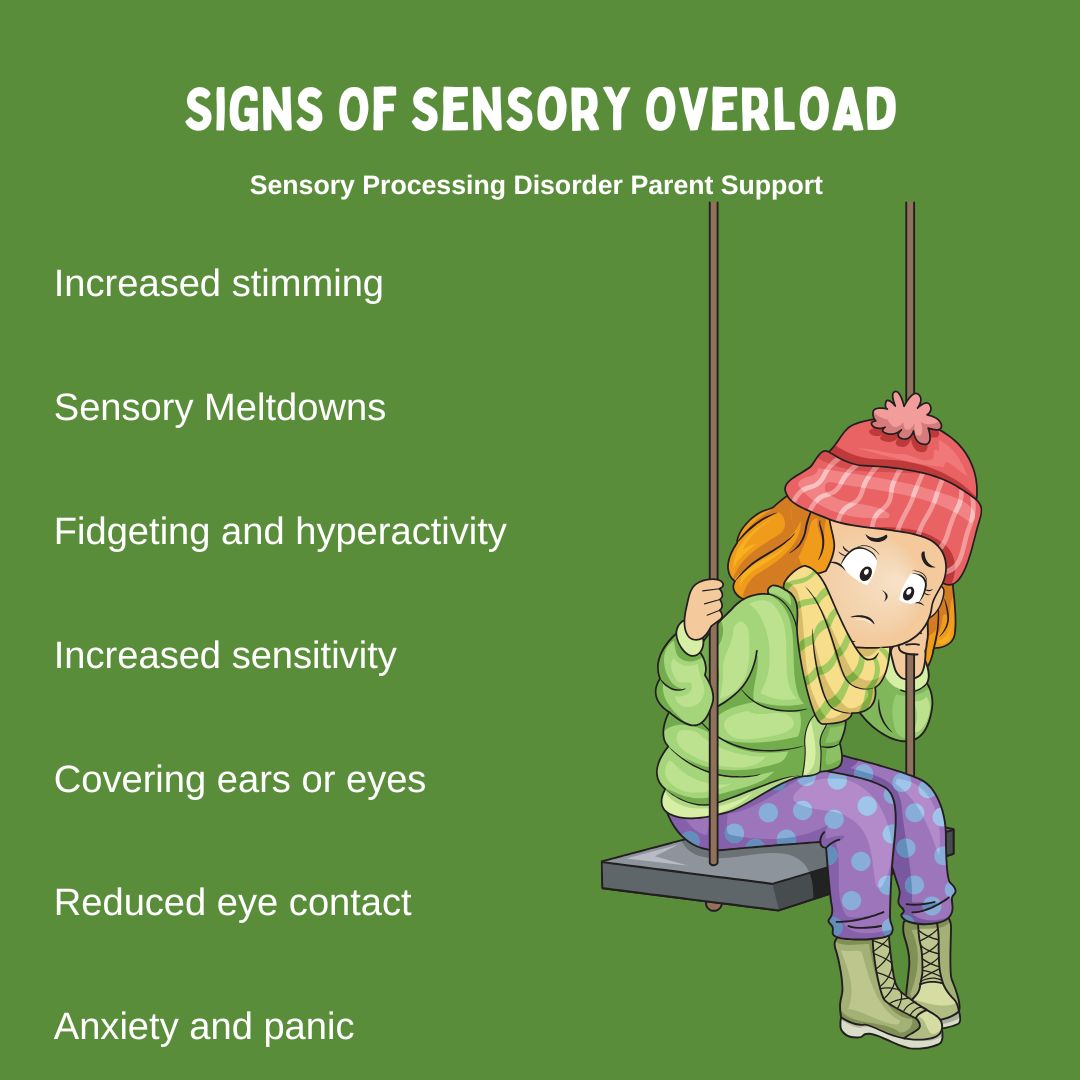 signs of sensory overload diagram with little girl sad on a swing having sensory processing disorder sensory overload