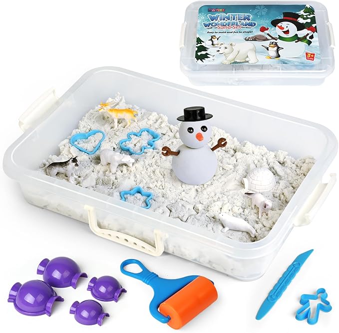 Winter Wonderland Snow Sand Playset, Creativity Toy Sensory Bin with Arctic Animal Figures, 2 Lbs of Sand and Snowman Molds for Boy Girl Kid Toddlers