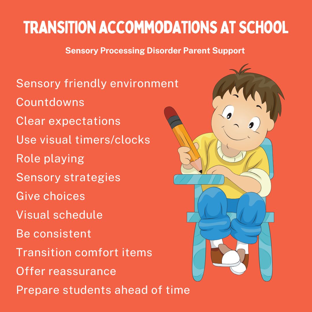 Transition accommodations At School Sensory friendly environment  Countdowns Clear expectations  Use visual timers/clocks  Role playing Sensory strategies  Give choices  Visual schedule  Be consistent  Transition comfort items  Offer reassurance  Prepare students ahead of time