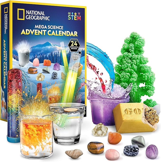 NATIONAL GEOGRAPHIC Science Kit & Rock Collection Advent Calendar 2024 – Jumbo Advent Calendar with 24 Days of Science Experiments, Gemstones & More for Kids, STEM Projects for Kids Ages 8-12