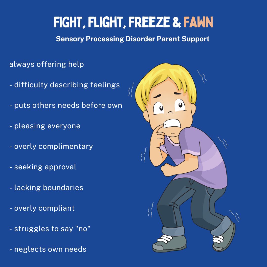 child with sensory processing disorder in fawn response mode FAWN response Fight Flight Freeze FAWN