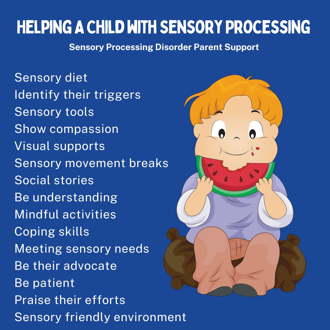 Helping A Child with Sensory Processing  Sensory diet  Identify their triggers Sensory tools Show compassion  Visual supports Sensory movement breaks Social stories  Be understanding Mindful activities Coping skills   Meeting sensory needs Be their advocate  Be patient  Praise their efforts  Sensory friendly environment