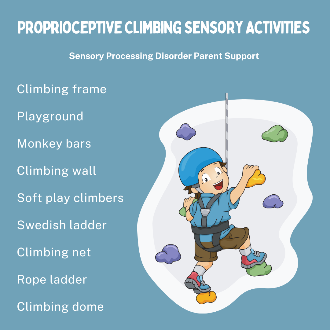 Proprioceptive Climbing Sensory Activities  Climbing frame  Playground  Monkey bars Climbing wall  Soft play climbers Swedish ladder Climbing net Rope ladder Climbing dome