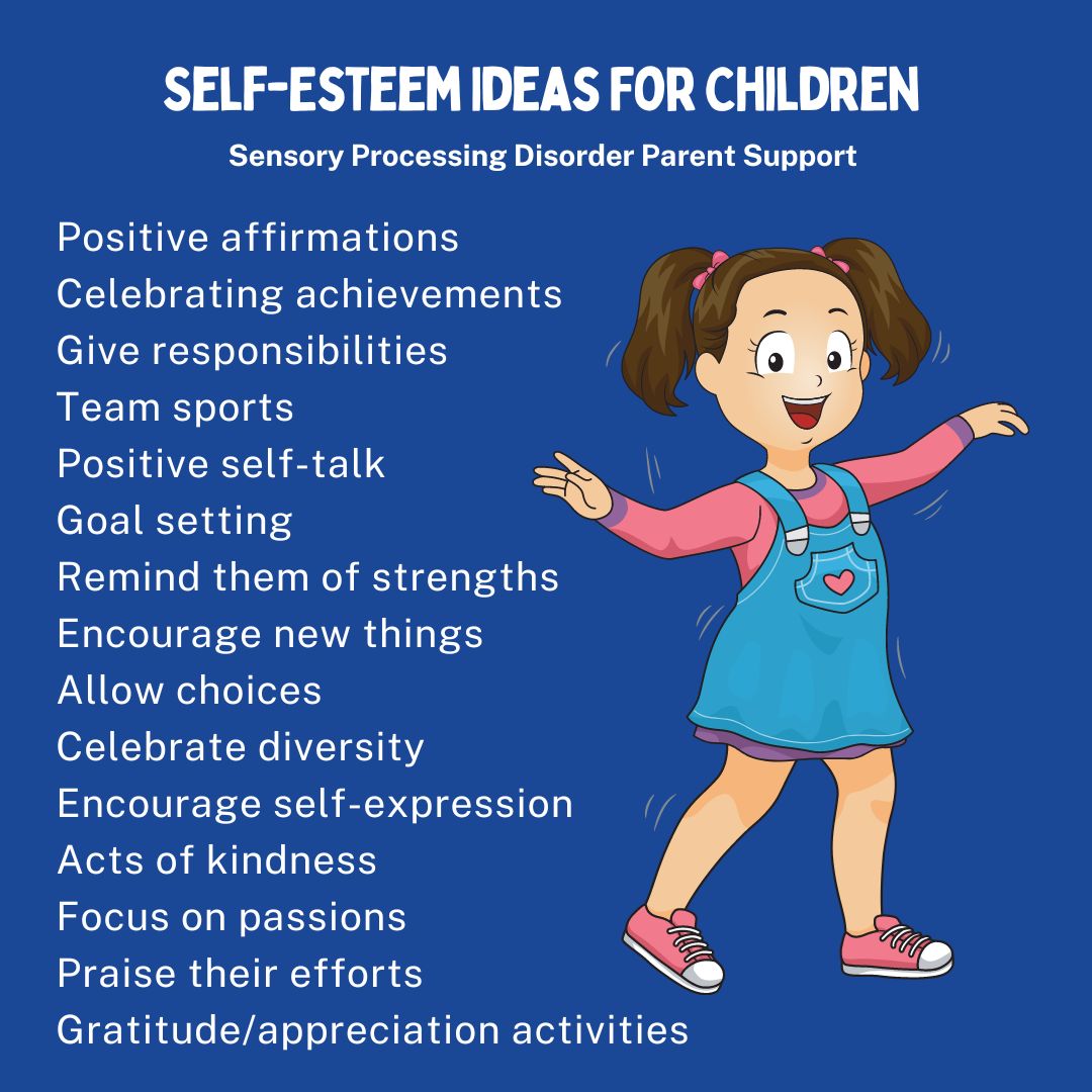 Self-Esteem Ideas For Children  Positive affirmations  Celebrating achievements Give responsibilities Team sports Positive self-talk Goal setting Remind them of strengths Encourage new things Allow choices Celebrate diversity  Encourage self-expression  Acts of kindness  Focus on passions  Praise their efforts  Gratitude/appreciation activities