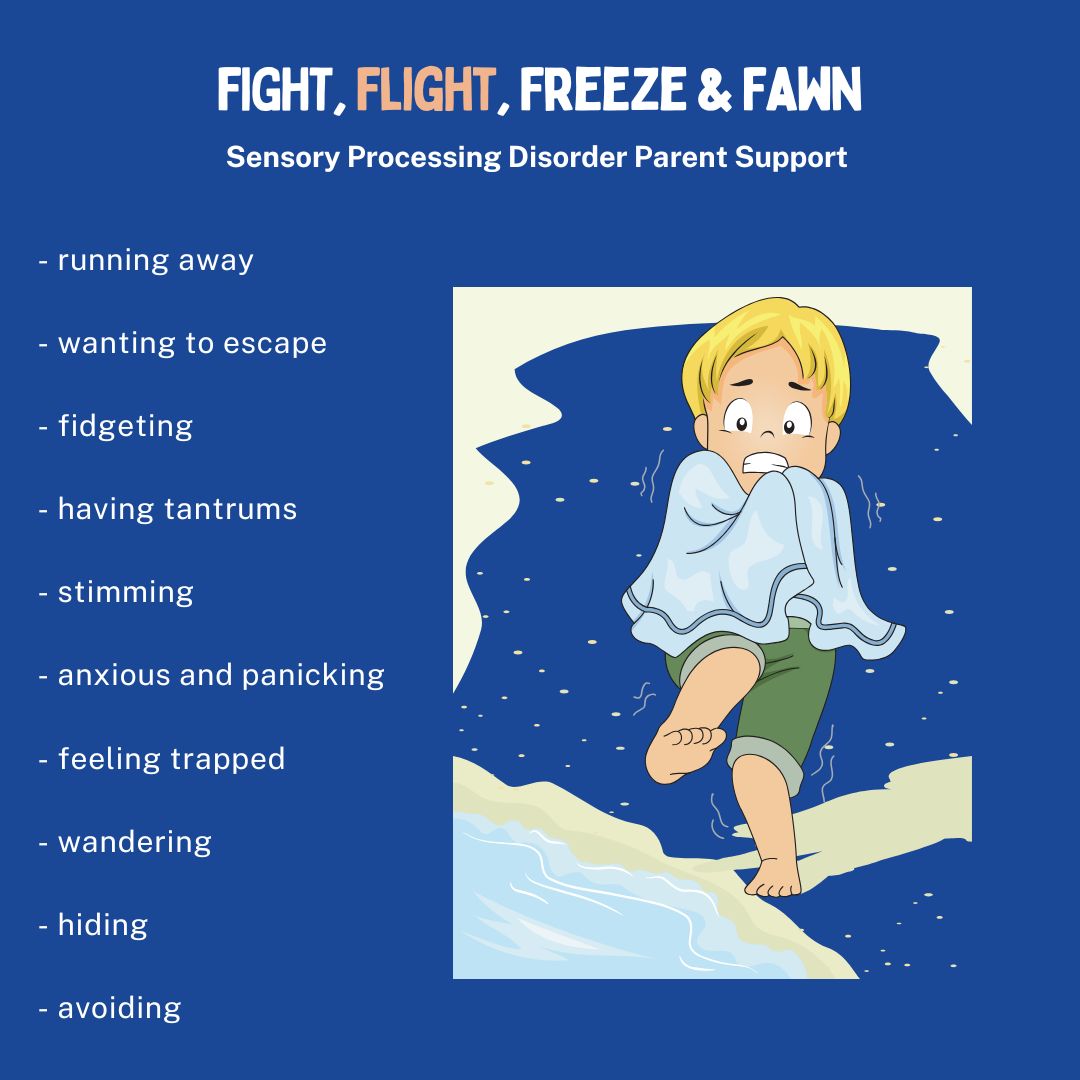 child with sensory processing disorder in flight mode FLIGHT response Fight FLIGHT Freeze Fawn