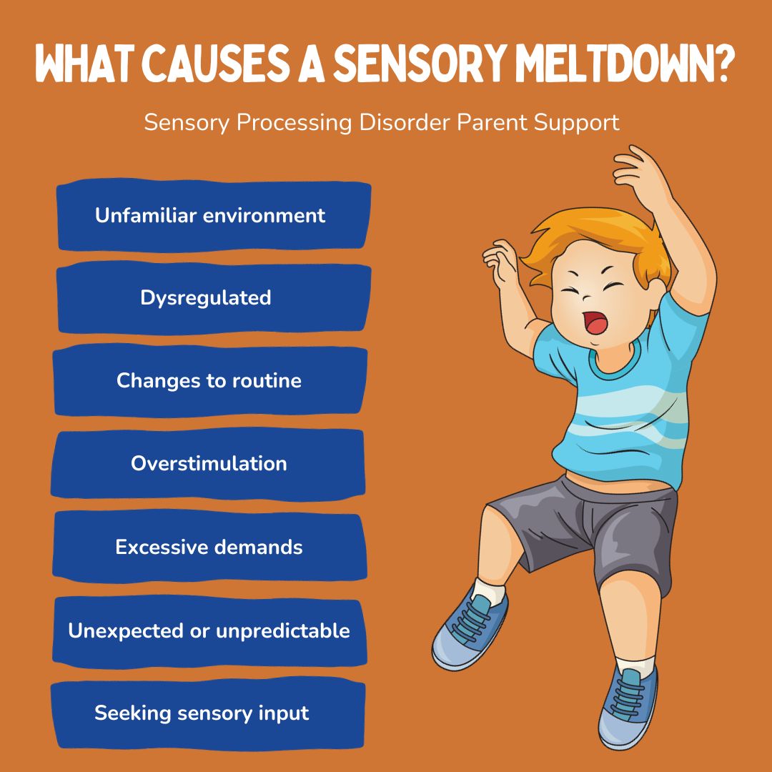 upset little buy having sensory processing disorder meltdown next to diagram about sensory meltdowns