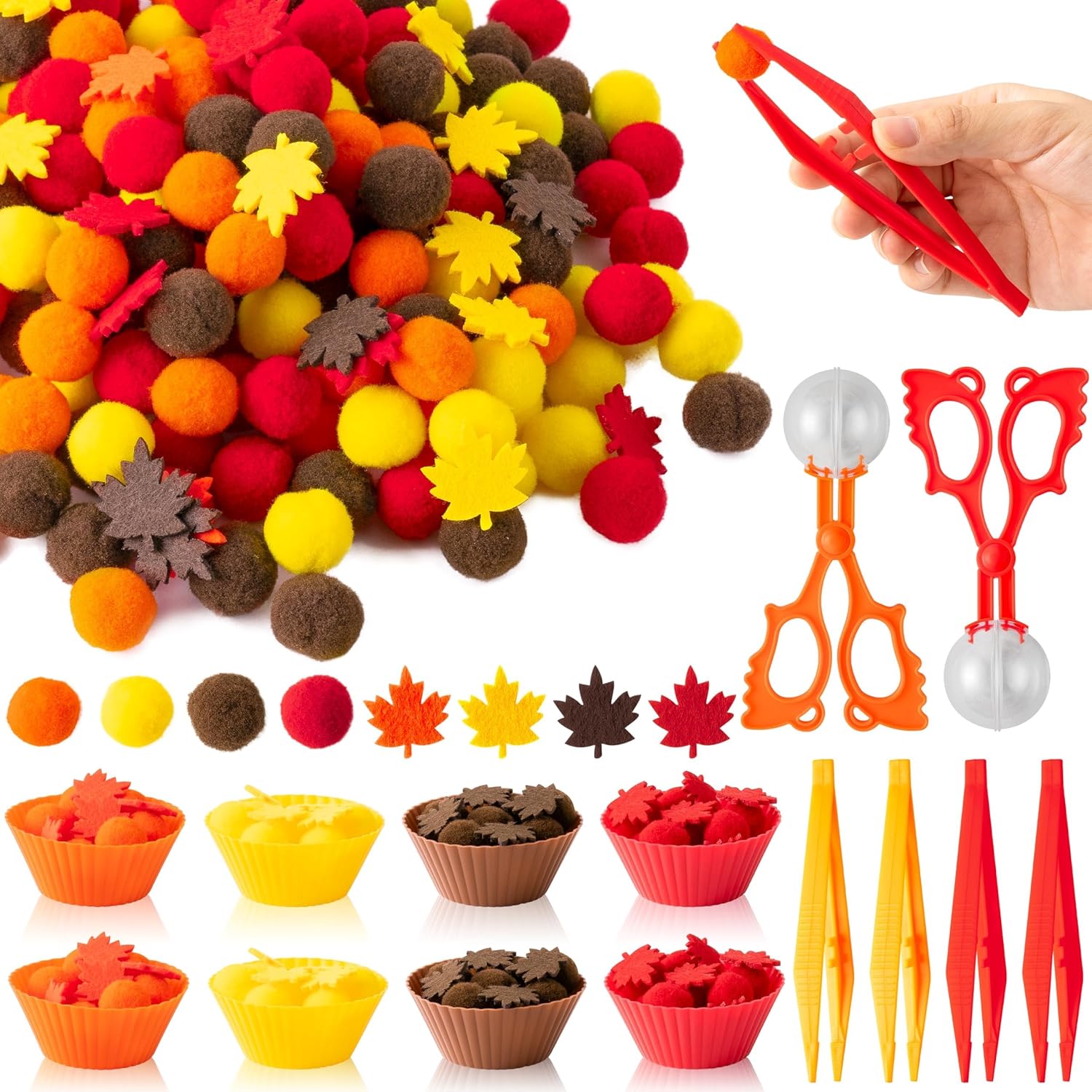 Fall Fine Motor Toys - 294P Fall Thanksgiving Counting Sorting Sensory Bin Filler Set for Kids Autumn Counting Toy with Felt Maple Leaf Pom Poms