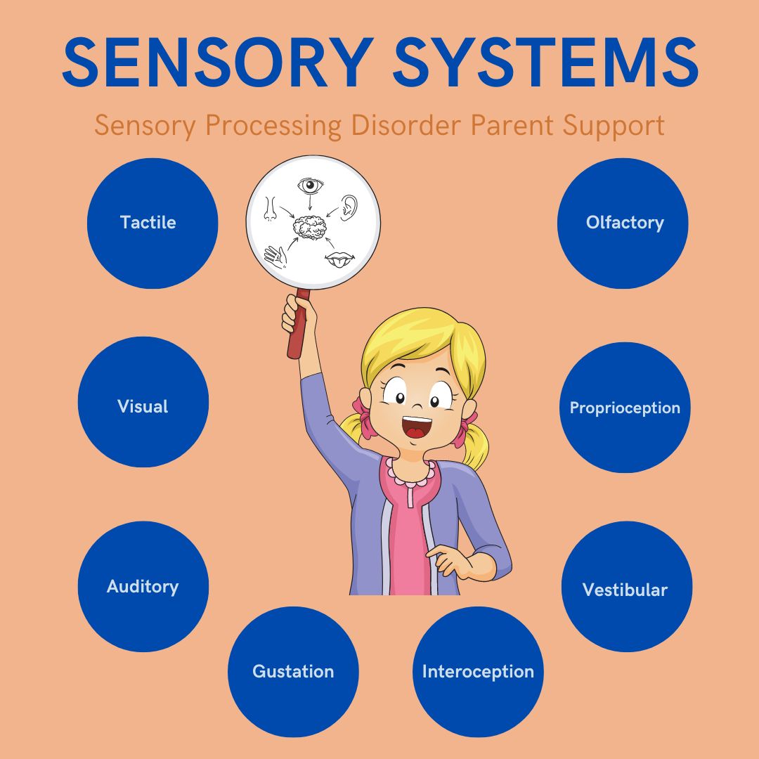 little girl who has sensory processing disorder holding sign with 8 senses says sensory systems sensory processing disorder parent support