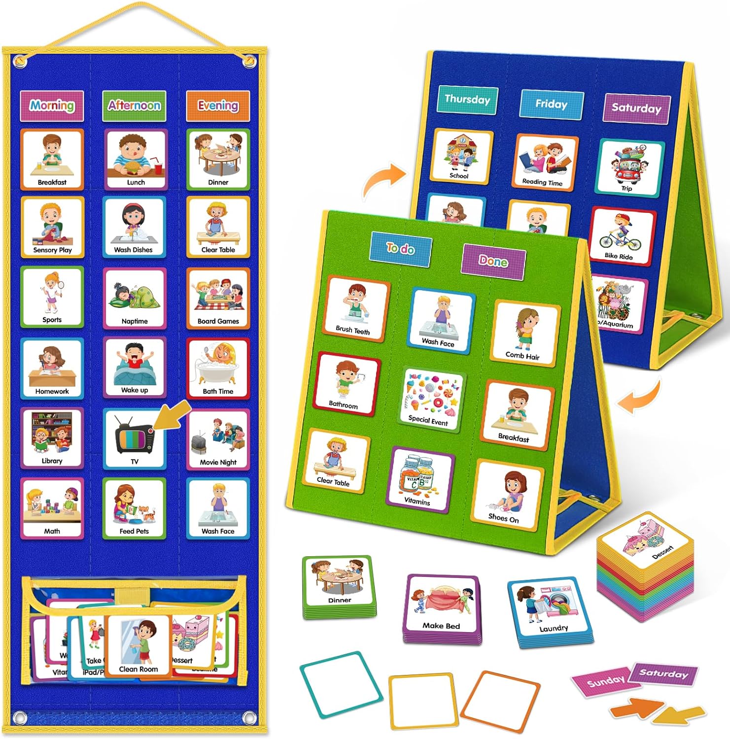 Large Visual Schedule for Kids Chore Reward Chart,Bedtime Routine Chart for Toddlers,Double Side Weekly Planner Board with 109 Cards for Home School Planner,Autism Learning Materials