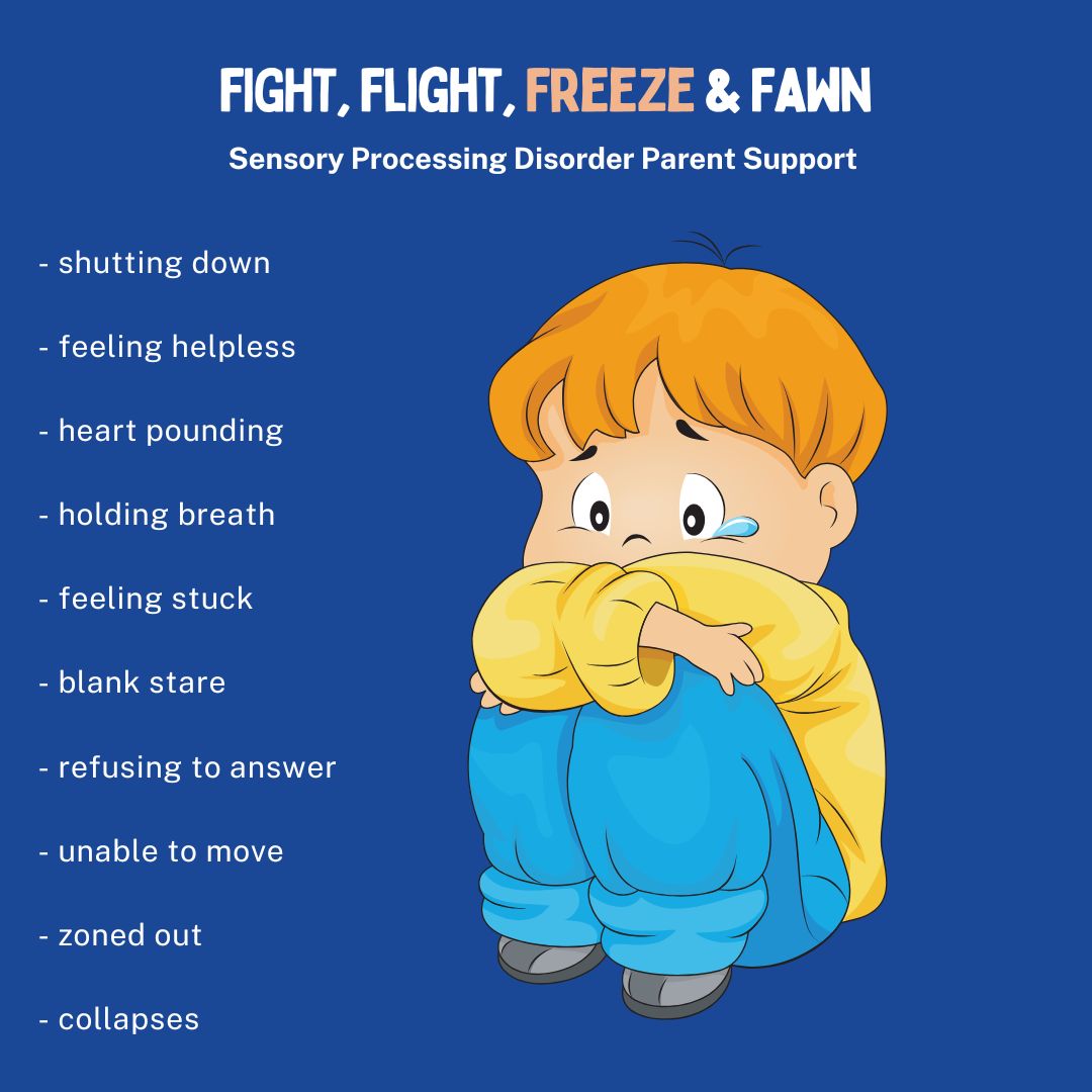 child with sensory processing disorder crying in freeze mode FREEZE response Fight Flight FREEZE Fawn