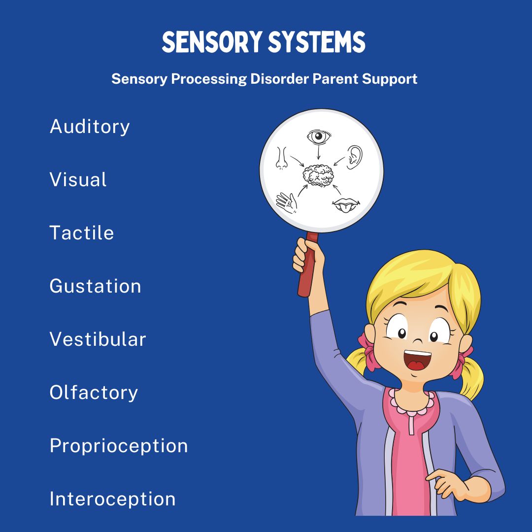 little girl who has sensory processing disorder holding sign with 8 senses says sensory systems sensory processing disorder parent support