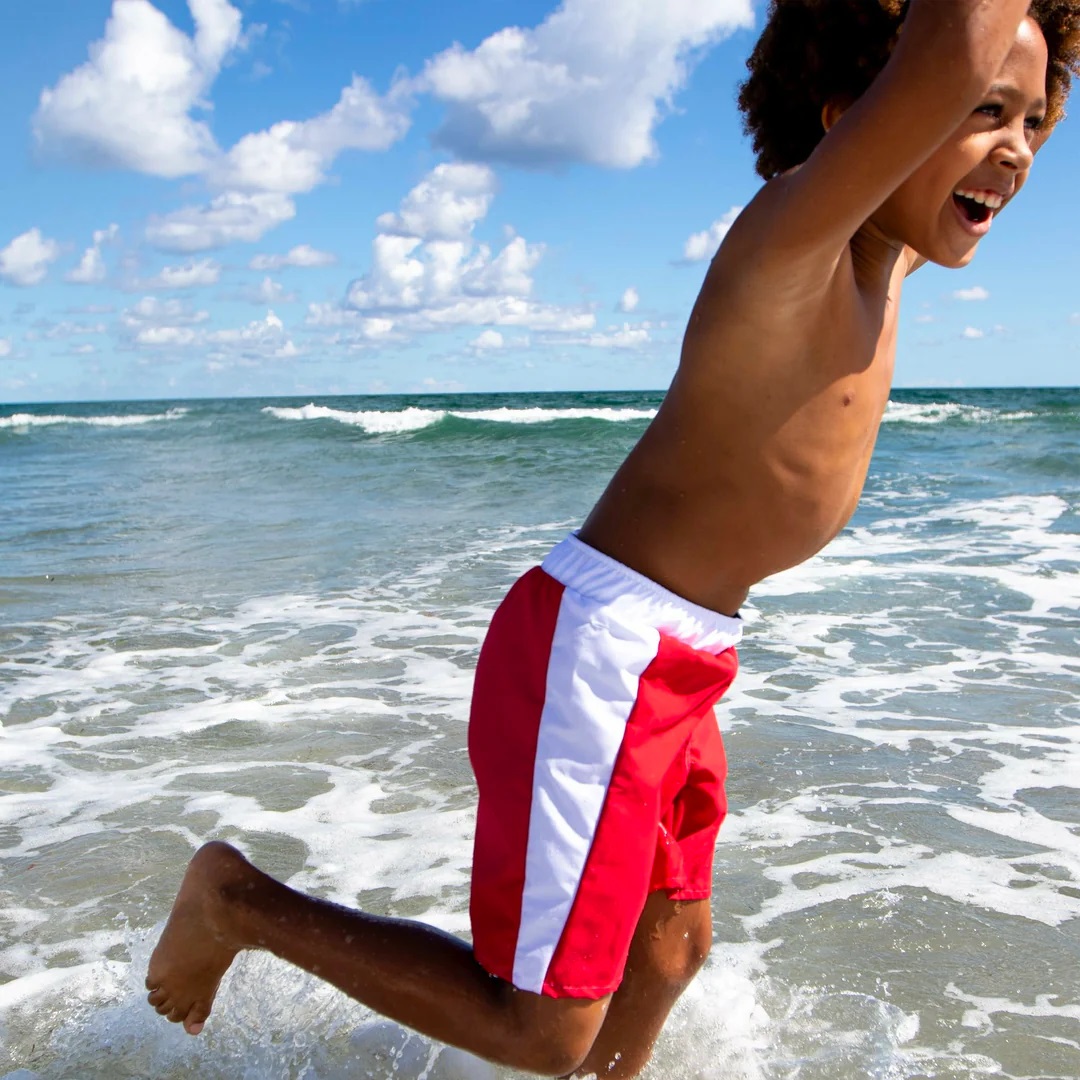 Boys Slim Fit  Inseam Made in the USA Anti Chafe Swim Trunks Red White NoNeetz Sensory Friendly