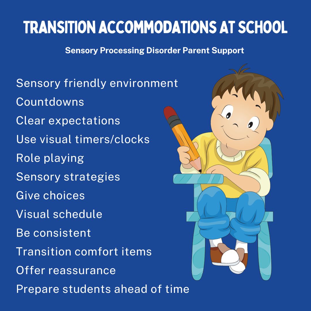 Transition accommodations At School Sensory friendly environment  Countdowns Clear expectations  Use visual timers/clocks  Role playing Sensory strategies  Give choices  Visual schedule  Be consistent  Transition comfort items  Offer reassurance  Prepare students ahead of time