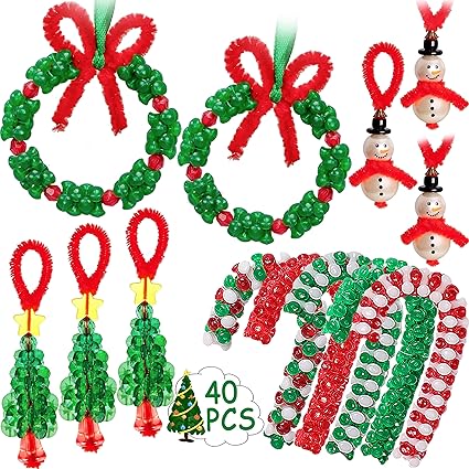 Christmas Crafts for Kids Adults Families, Beaded Ornament Kit to Make Wreath/Candy Cane/Xmas Tree/Snowman, Holiday Decorations