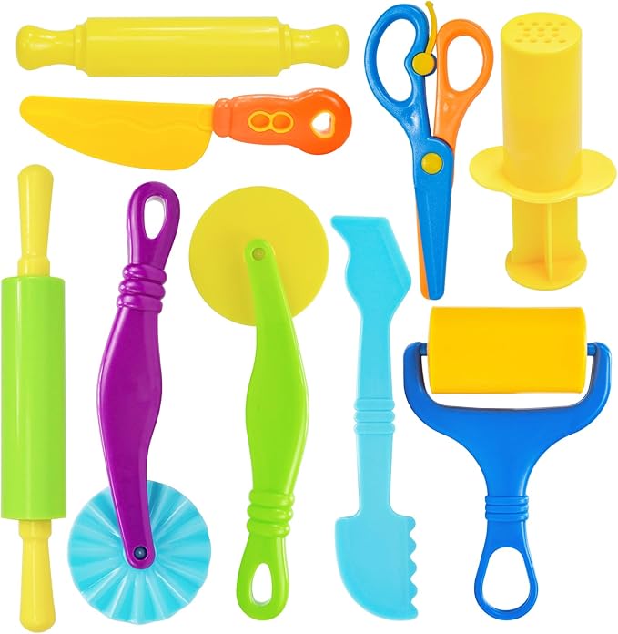 Playdough Tool Set, 9 Pcs Play Dough Tools Sets for Kids Ages 4-8, Playdough Accessories Includes Cutters Roller, Rolling Pins, Safety Scissors,