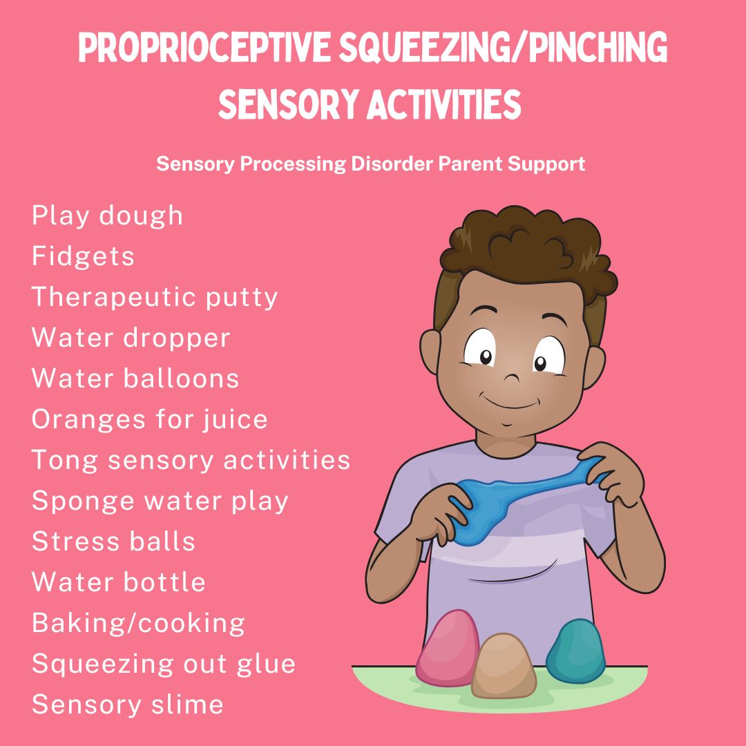 Proprioceptive Squeezing/Pinching Sensory Activities  Play dough Fidgets  Therapeutic putty  Water dropper Water balloons  Oranges for juice  Tong sensory activities  Sponge water play  Stress balls Water bottle Baking/cooking Squeezing out glue Sensory slime