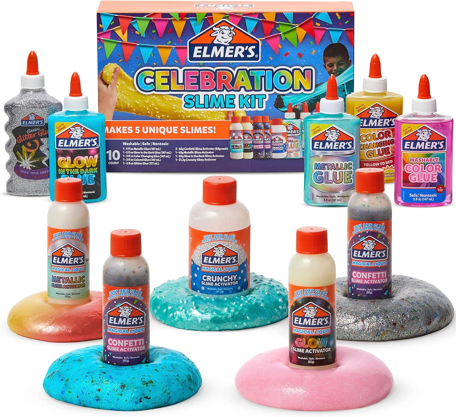 Elmer's Celebration Slime Kit, 10 Count The possibilities of slime are only limited by your imagination when you use Elmer's Glue and Magical Liquid Slime Activators.