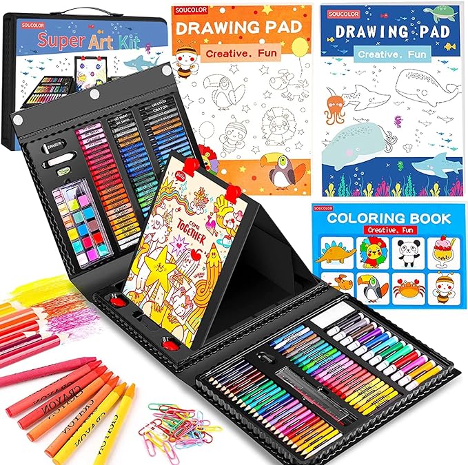 Art Supplies, 283 Pieces Drawing Set Art Kits with Trifold Easel, 2 Drawing Pads, 1 Coloring Book, Crayons, Pastels, Arts and Crafts