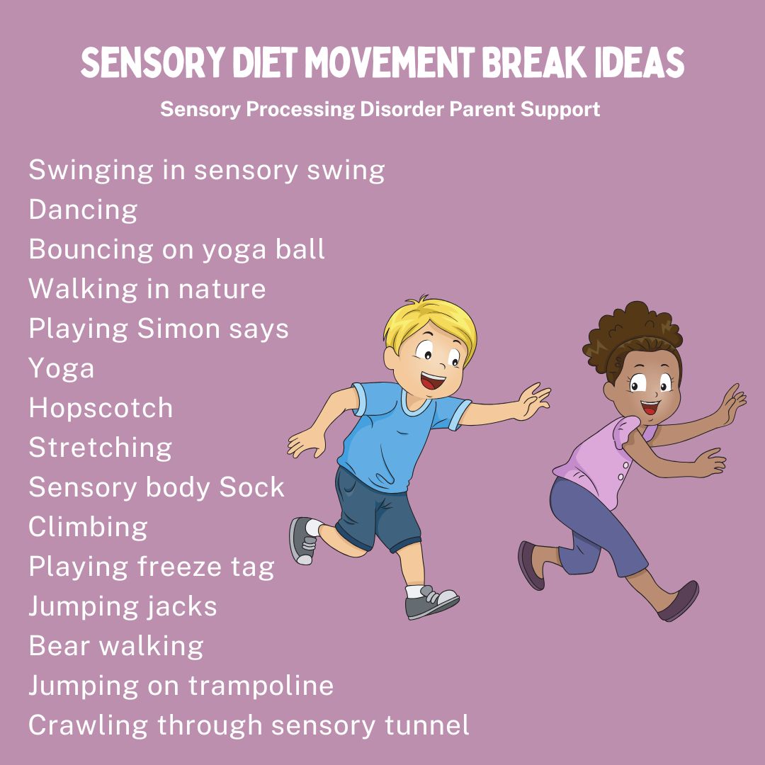 Sensory Diet Movement Break Ideas Swinging in sensory swing Dancing  Bouncing on yoga ball  Walking in nature Playing Simon says  Yoga  Hopscotch Stretching  Sensory body Sock Climbing Playing freeze tag Jumping jacks Bear walking Jumping on trampoline  Crawling through sensory tunnel