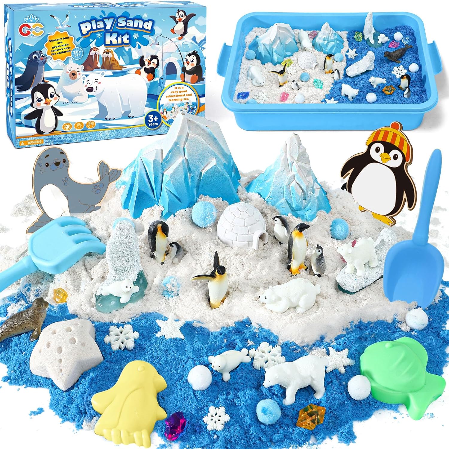 Winter Polar Sensory Bin for Kid, Snow Play Sand Toy Kit with Sandbox/Sensory Sand/Arctic Animals Figures, Ice Wonderland Sensory