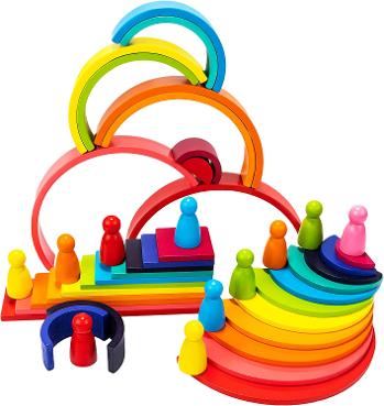 Rainbow Stacking Toy Wooden Rainbow Stacker, 45pcs Building Blocks Nesting Puzzle Preschool Educational Montessori Toys