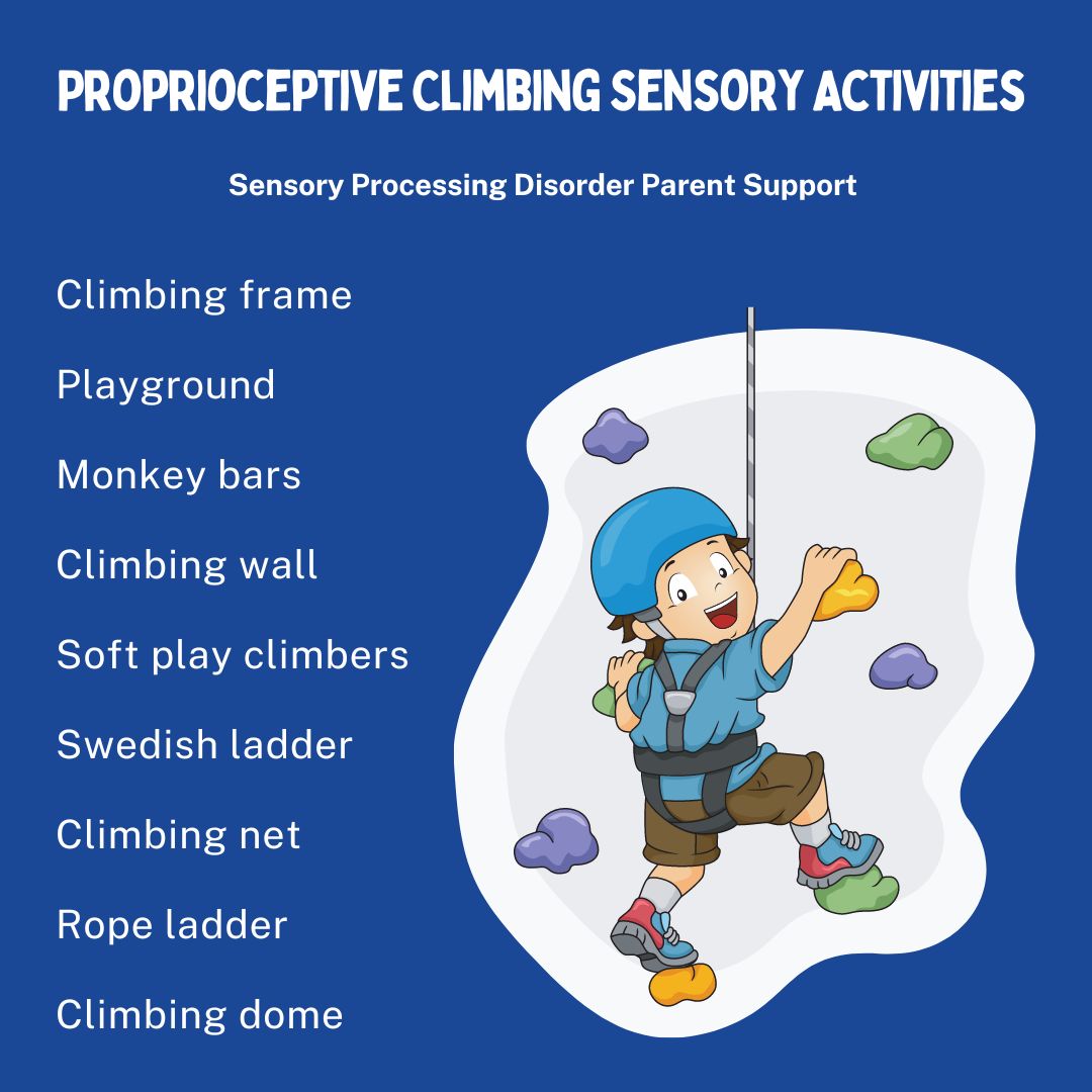 Proprioceptive Climbing Sensory Activities  Climbing frame  Playground  Monkey bars Climbing wall  Soft play climbers Swedish ladder Climbing net Rope ladder Climbing dome