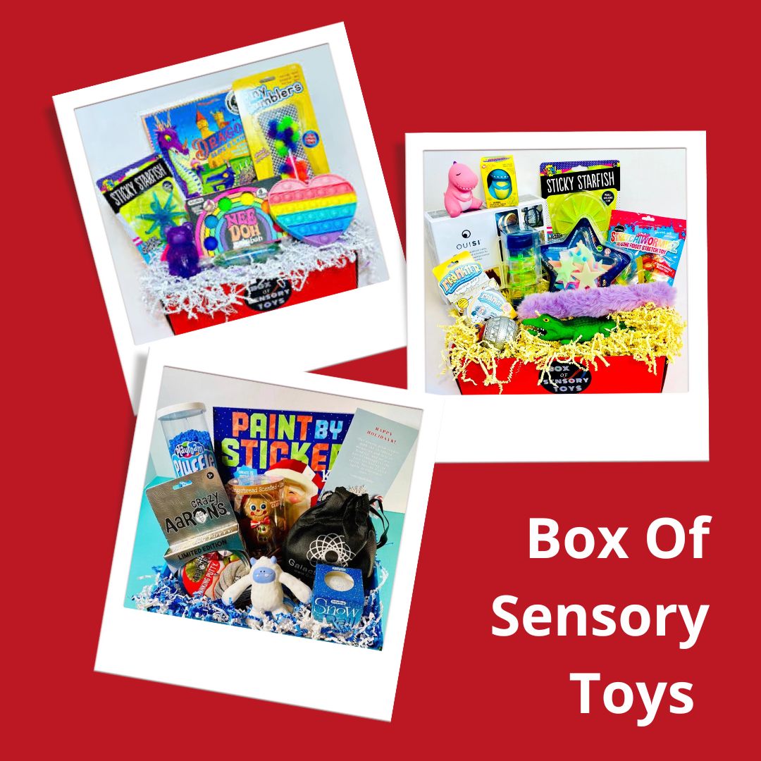 three photos of different monthly boxes from box of sensory toys