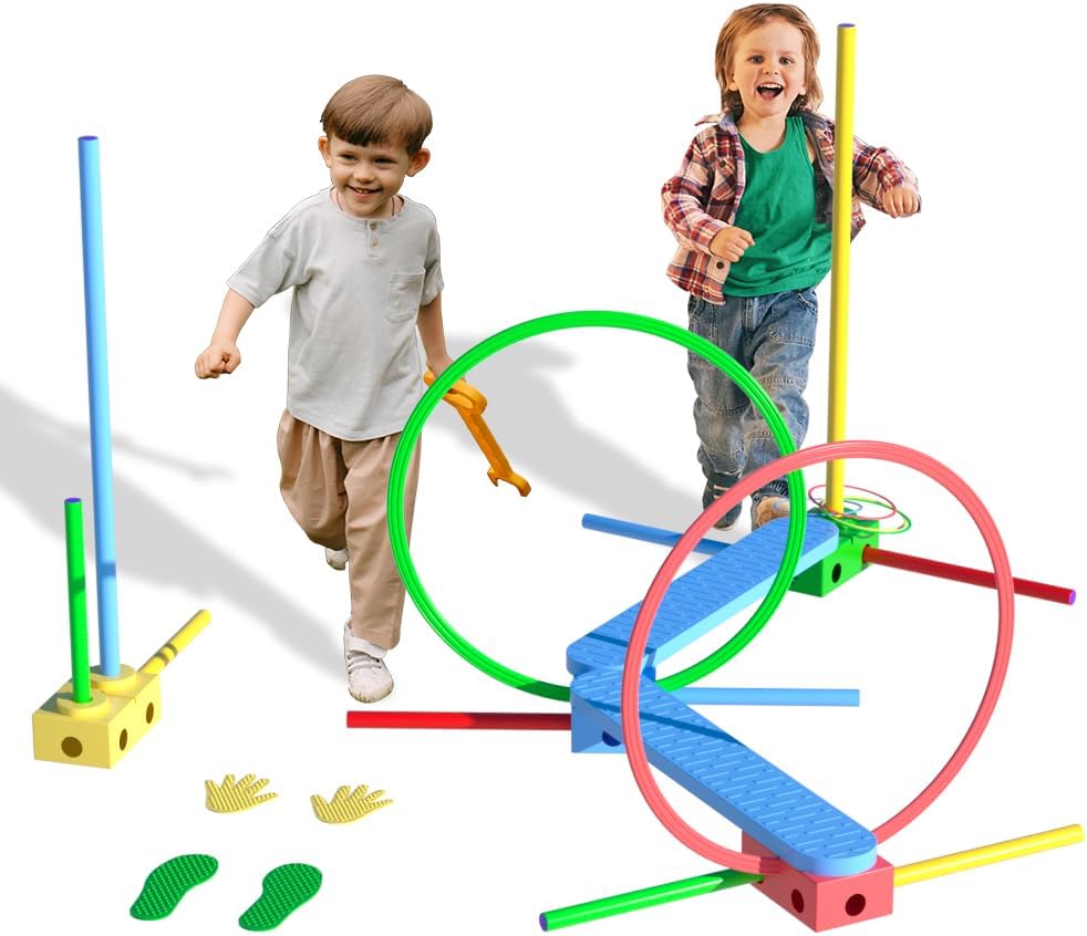 Innovative Kid's Exercise Balance Set, Obstacle Course, Agility Ring Game, 26 Piece - Encourage Gross Motor Skills & Build Coordination gross motor sensory tools