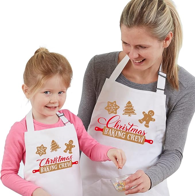 2 Pack Christmas Matching Aprons for Kids and Adults - Christmas Baking Crew - White Kitchen Aprons with 2 Pockets for Cooking Baking, Cute Custom Aprons Gift for Family