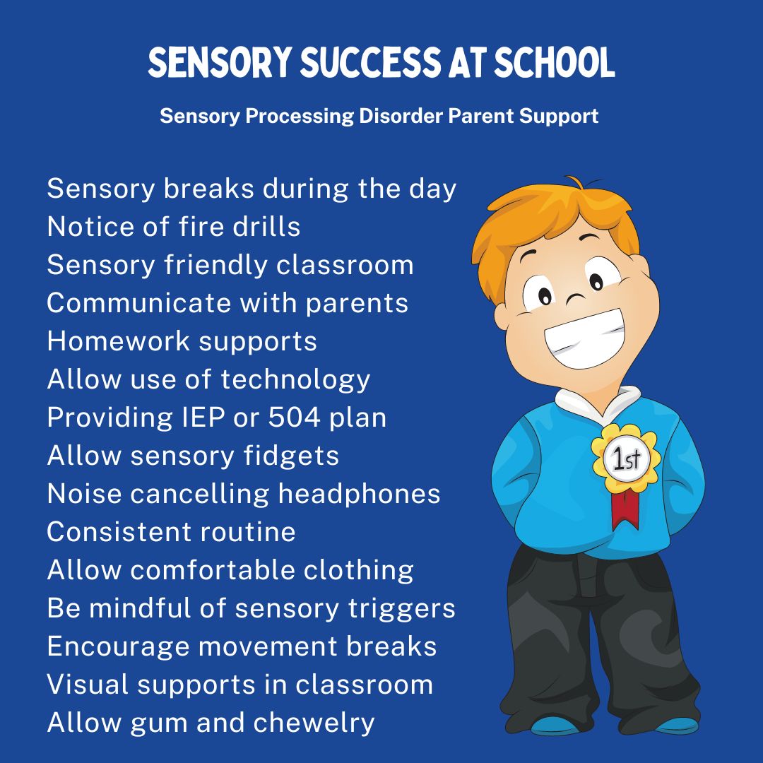 Sensory Success At School Sensory breaks during the day  Notice of fire drills  Sensory friendly classroom Communicate with parents  Homework supports Allow use of technology  Providing IEP or 504 plan  Allow sensory fidgets Noise cancelling headphones Consistent routine  Allow comfortable clothing  Be mindful of sensory triggers Encourage movement breaks  Visual supports in classroom Allow gum and chewelry