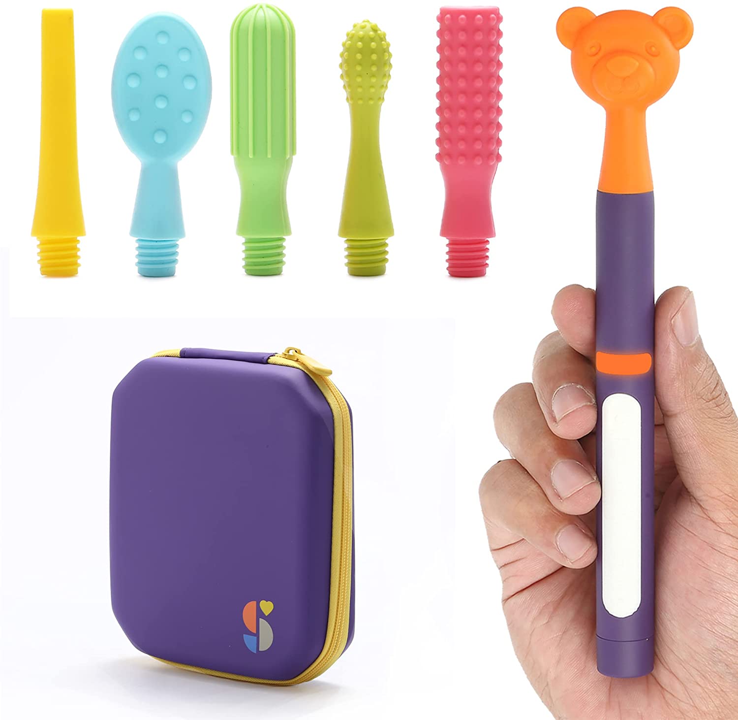 Special Supplies Buzz Buddy Oral Stimulation kit with 6 Soft Textured Interchangeable Heads, Calm Sensory Needs, Support Speech, and Stimulate Self Feeding, Gentle Vibrations