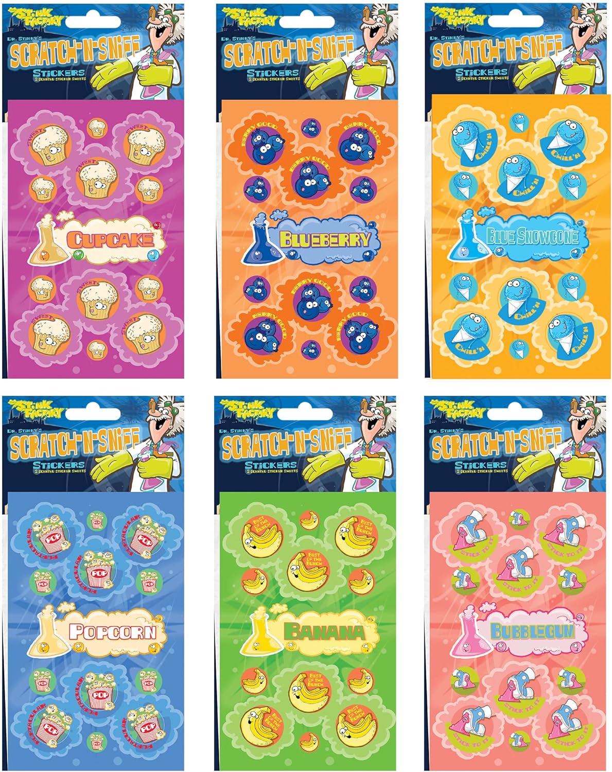 Just For Laughs Dr. Stinky's Scratch N Sniff Stickers 6-Pack- Blueberry, Popcorn, Cupcake, Blue Snowcone, Banana, Bubblegum 162 Stickers