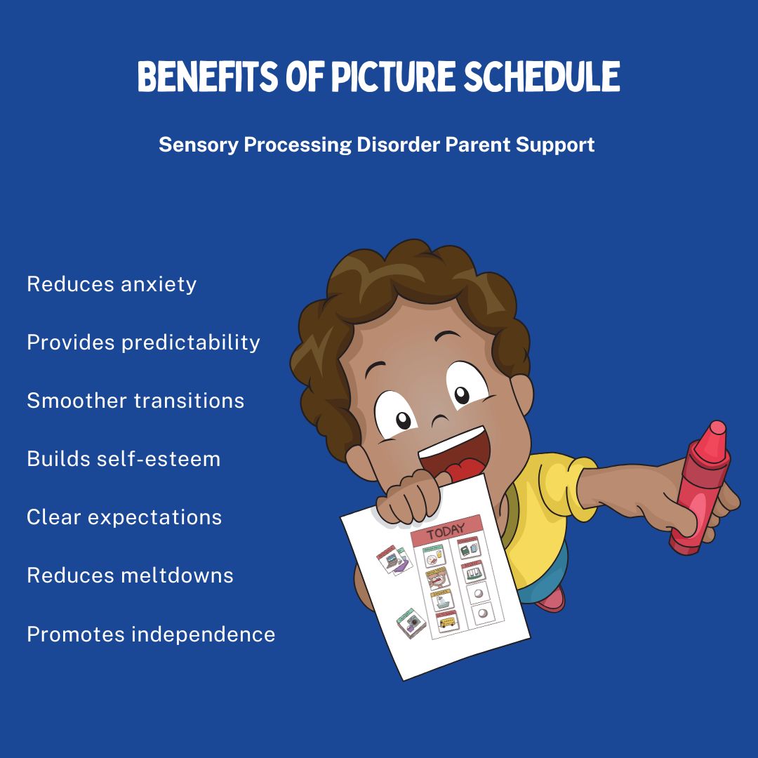 child with sensory processing disorder looking at their daily picture schedule Visual Picture Schedules