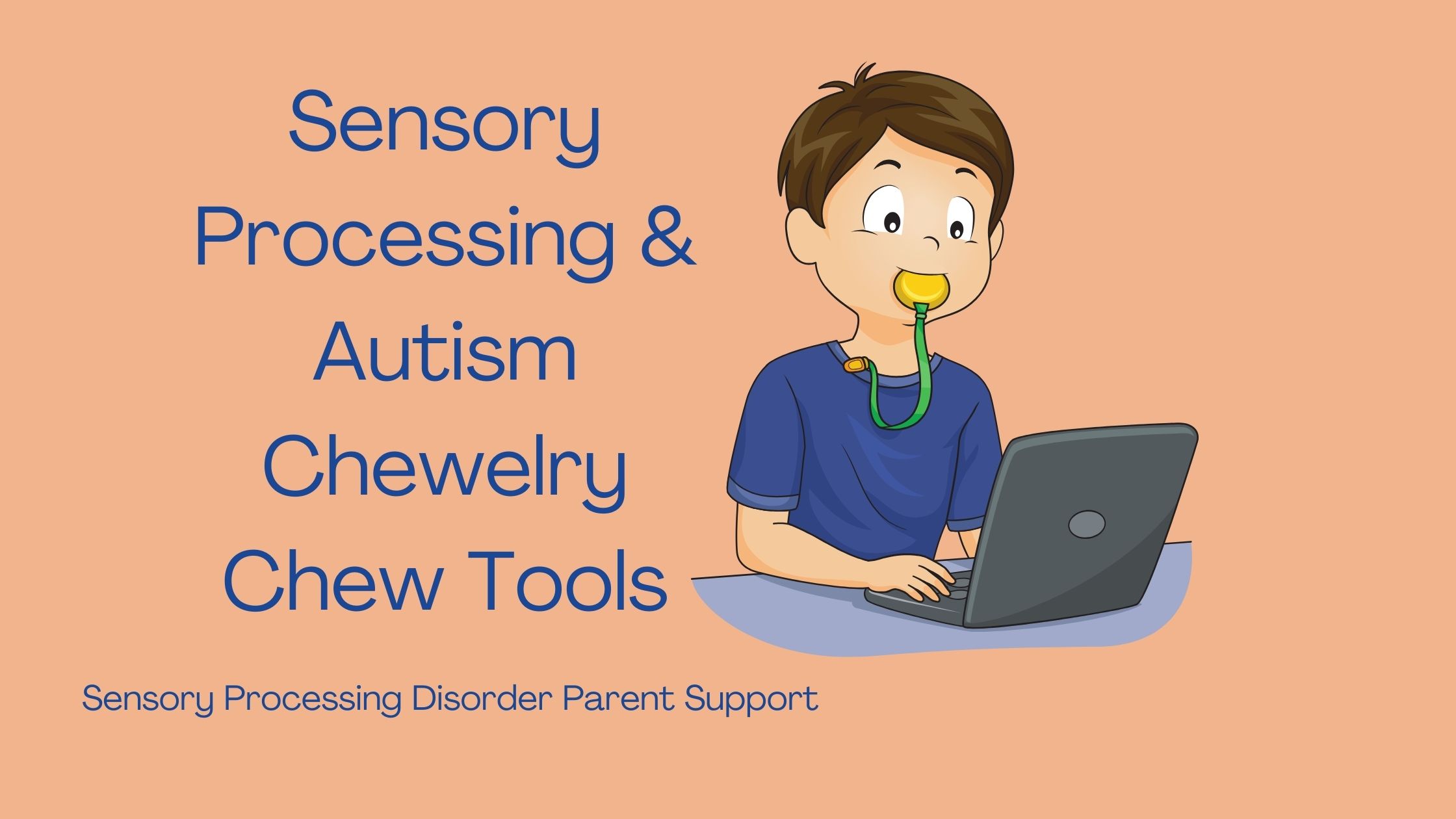Boy with sensory processing disorder sitting at his laptop chewing on a chewelry chew necklace Sensory Processing & Autism Chewelry Chew Tools