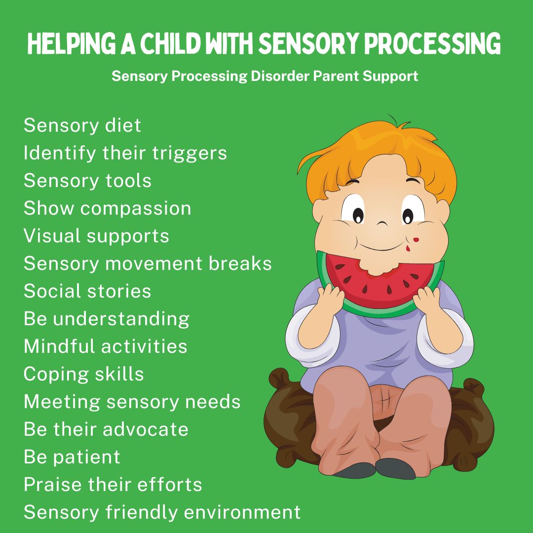 Helping A Child with Sensory Processing  Sensory diet  Identify their triggers Sensory tools Show compassion  Visual supports Sensory movement breaks Social stories  Be understanding Mindful activities Coping skills   Meeting sensory needs Be their advocate  Be patient  Praise their efforts  Sensory friendly environment