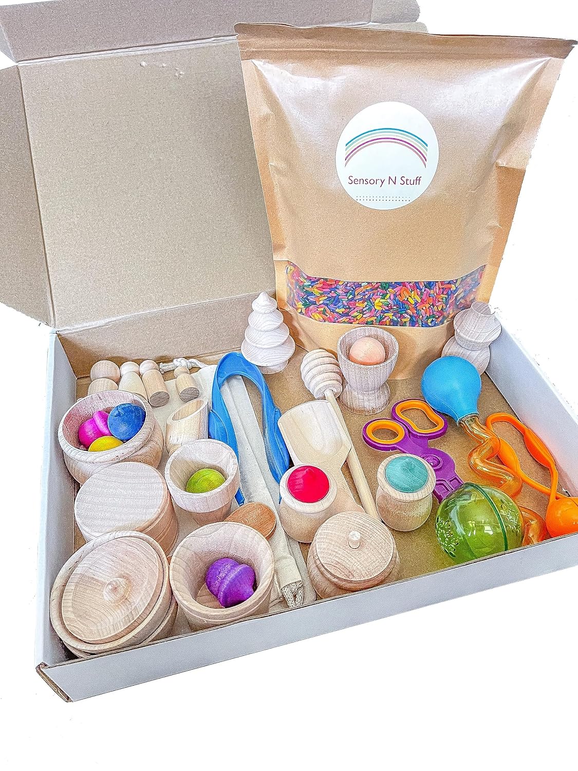 Brightly Colored Handmade Rainbow Rice Sensory Bin With Tools: The Perfect Sensory Play Set, Great Gift Idea For Children (30 Piece Wooden Tool Set)