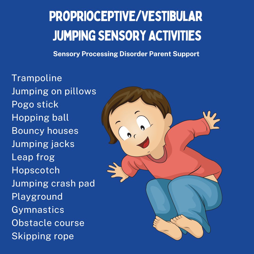 Proprioceptive/Vestibular Jumping Sensory Activities Trampoline  Jumping on pillows Pogo stick  Hopping ball  Bouncy houses Jumping jacks  Leap frog Hopscotch  Jumping crash pad  Playground  Gymnastics  Obstacle course  Skipping rope